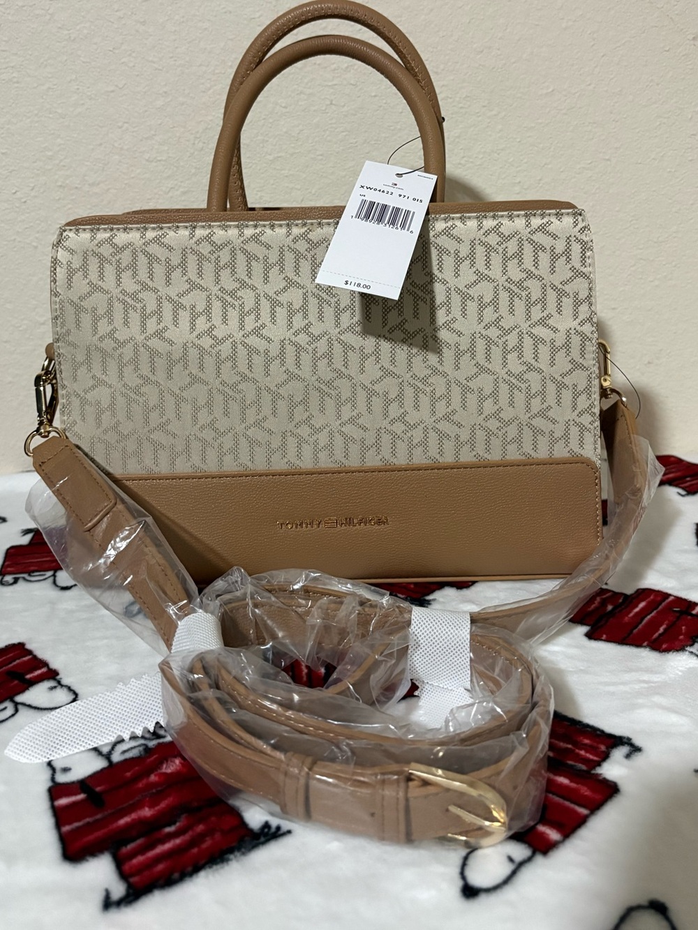Tommy Hilfiger Beige & Tan Monogram Convertible Satchel